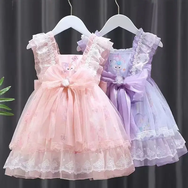 

2024 New Baby Girls Princess Dress Summer Kids Disney Stellalou LinaBell Bow Lace Short Sleeved Dresses Children Party Costumes