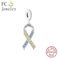 FC Jewelry Fit Original Pan Charms Bracelet 925 Silver Blue Yellow Ribbon Down Syndrome Awareness Bead For Making Berloque 1