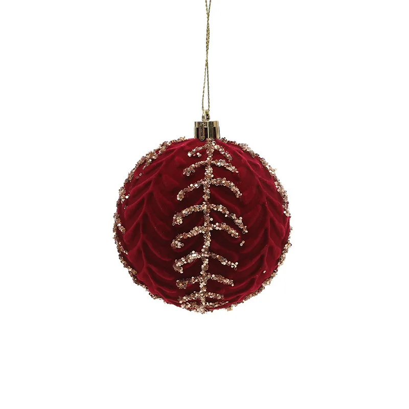8cm Burgundy Flocked Christmas Tree Ball Xmas Tree Hanging Ornaments Sticky Sequin Velvet Balls Pendant Home Party Decorations