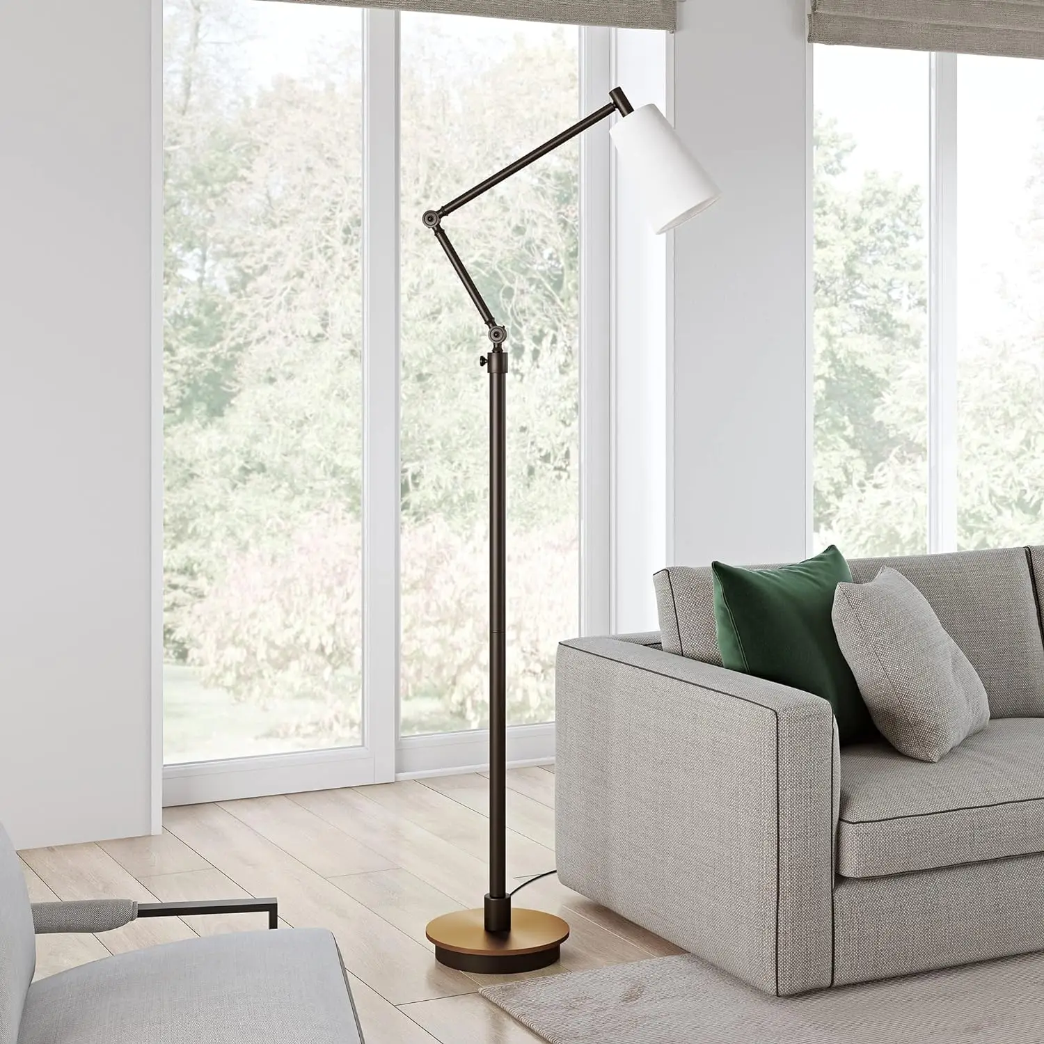 

Caleb 66" Tall Floor Lamp with Fabric Shade in Matte Black/Brass/White, Floor Lamp Modern