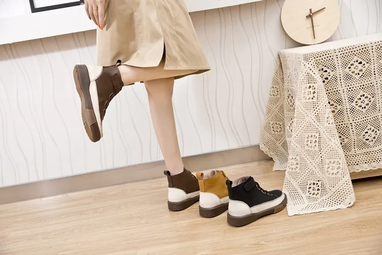 AIYUQI Women winter Shoes Flat Genuine Leather 2023 Antique  Color Matching Front Tie Ladies Boots Trend Girl Student Shoes