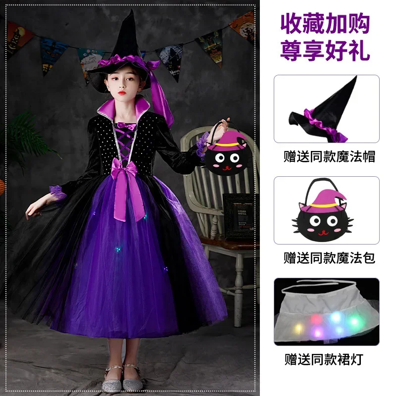 thumbnail image 1 of 2024 Disfraz de bruja para niñas, disfraz de Halloween, carnaval, fiesta, disfraz de bruja infantil, conjunto de ropa, bolsa, sombrero, 1 of 5