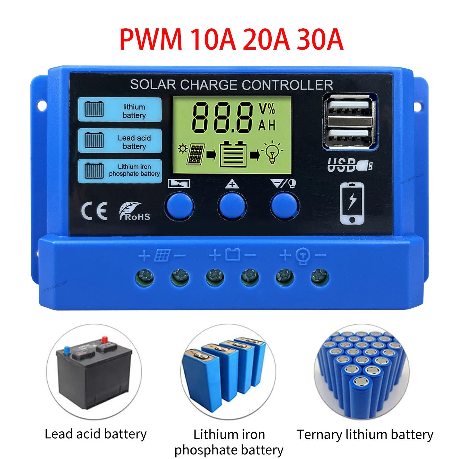 Y&H - Regolatore di Carica Solare, 12 V/24 V, con Doppia Porta USB, 5 V, con Timer e Display LCD