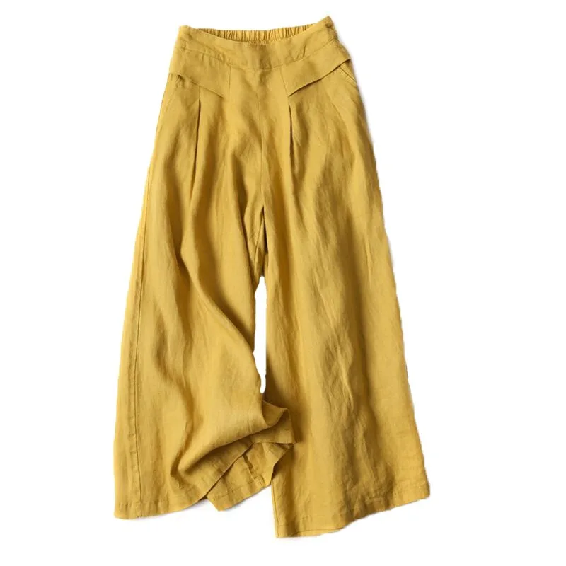 Cotton and Linen Wide-leg Culottes for Women, Loose Semi-elastic High-waist Slim Nine-point Pants 2024 New Women's Pants