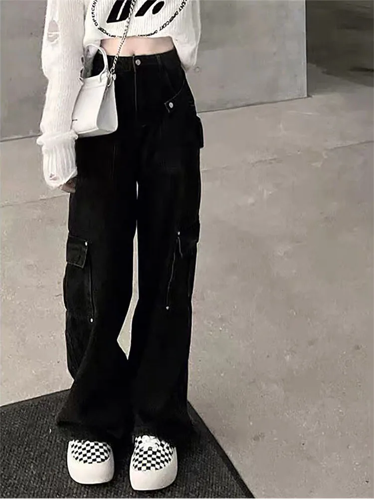 Women\'s Black Vintage Wide Leg Jeans Fashion Baggy High Waist Cargo Pants High Street Mopping Denim Trouser 2022 Autumn Ladies