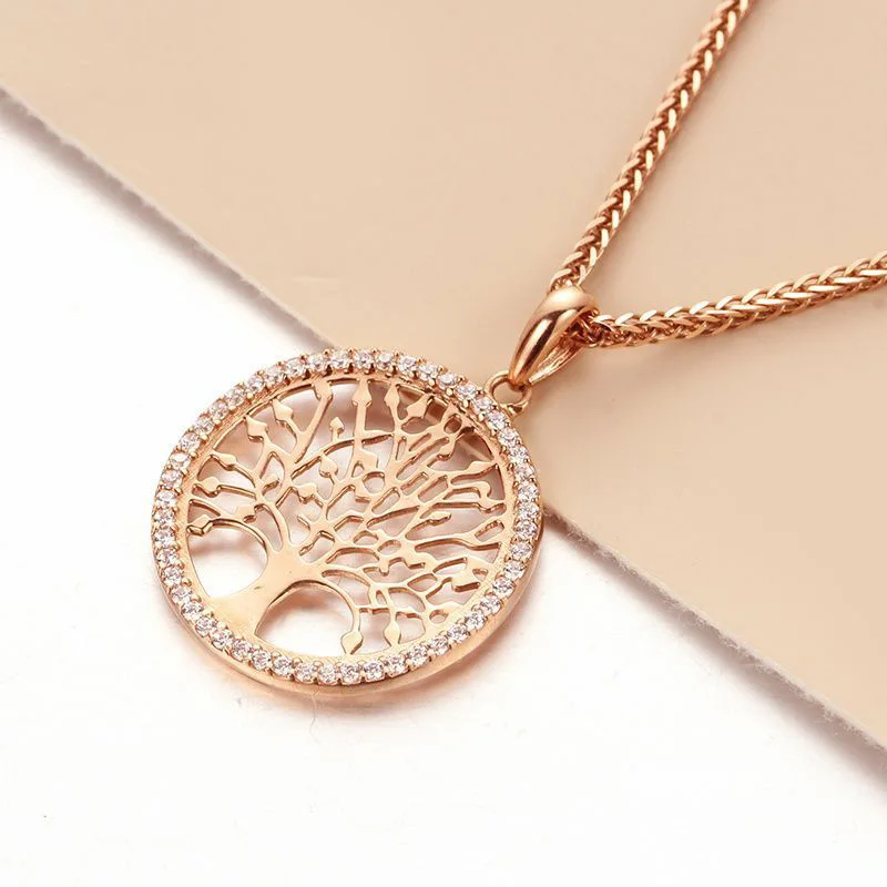 

585 Purple Gold Plated 14K Rose Gold Round Big Tree Style Glossy Necklace Pendant Classic Refreshing Clavicle Chain Jewelry