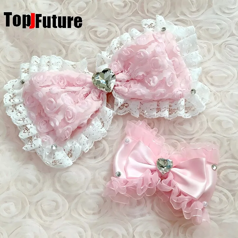 Fermagli per capelli stile Hime Y2K, fiocco in pizzo rosa con volant, accessori per capelli Hime Gyaru, fermagli per capelli da ragazza subculturale, copricapo Lolita - immagine 4