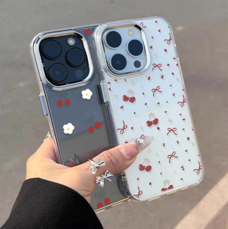 Elegant Cherry Lichee Flower Phone Case with Bow Design - Cute Plating Metal Lens, Clear and Soft