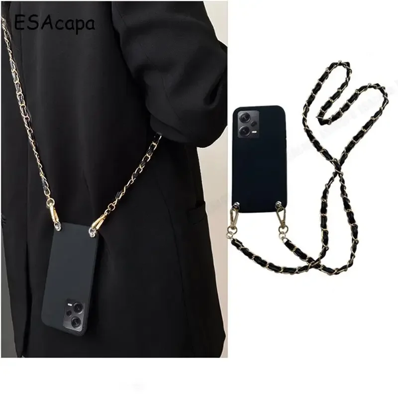 Elegant Crossbody Leather Chain Lanyard Case with Matte Silicone Back