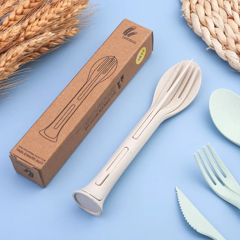 Eco-Friendly Wheat Straw Nordic Style Utensil Set for Kids - 3-in-1 Portable Fork, Spoon, Knife, BPA-Free & Lunchbox Essentials