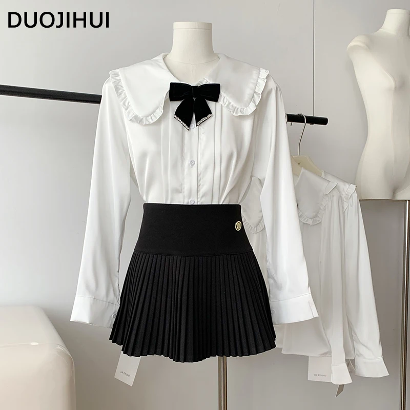 

DUOJIHUI White Sweet Autumn Simple Female Shirt New Solid Color Fashion Button Send A Bow Tie Long Sleeve Casual Women's Shirts
