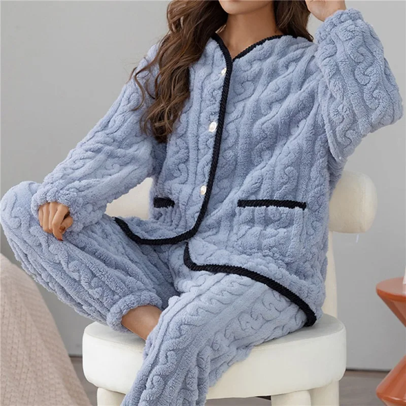 

Winter Warm Flannel Women Pyjamas Sets Thick Coral Pijamas Women Fleece Pajama Thick Flannel Long Pajamas Set For Girl Sleepwear