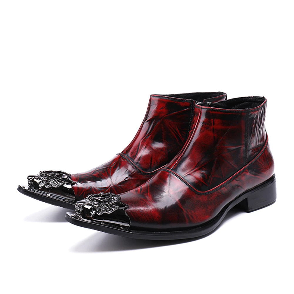 

Red Printing With Metal Zipper Genuine Leather High Heels Pointed Toe Boots Male Plus Size Fashion Party Wedding Dress Shoes