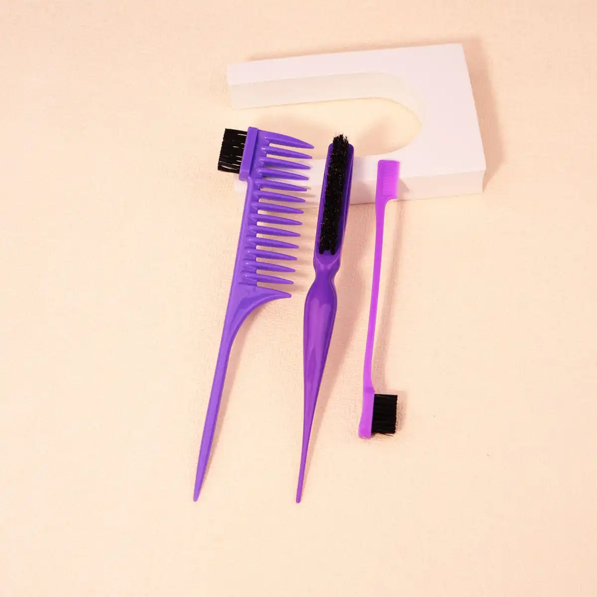 Hair styling comb set with 3 rows of nylon hair brushes, steel needle pointed tail comb, and edge control brush 6