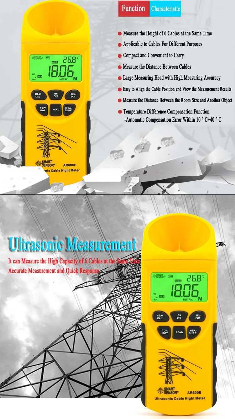 SMART SENSOR AR600E Ultrasonic Cable Height Meter 6 Cables Measurement LCD Displ