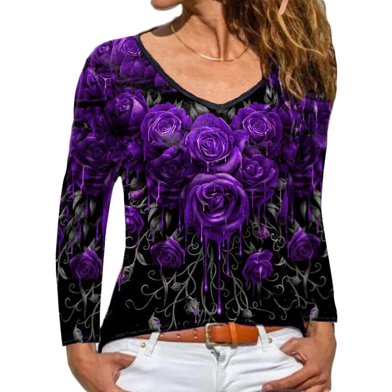

Women's T-shirt 2023 Autumn and Winter New Fashion Casual Shirt Long-sleeved Rose Printed T-shirt Female