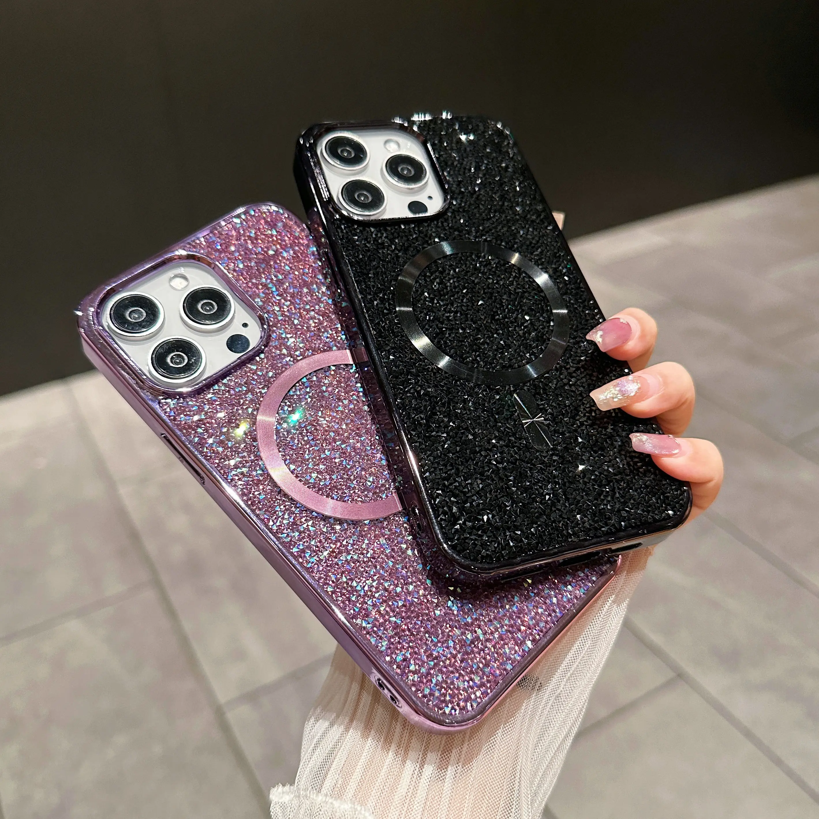Glitter Shining Diamond Plating Slim Phone Case with Wireless Charging and Magnetic Back Cover