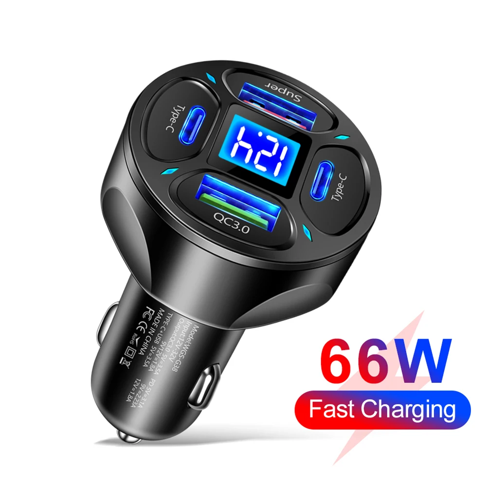 66W Car Phone Charger PD QC3.0 4 Ports Portable USB Adapter USB