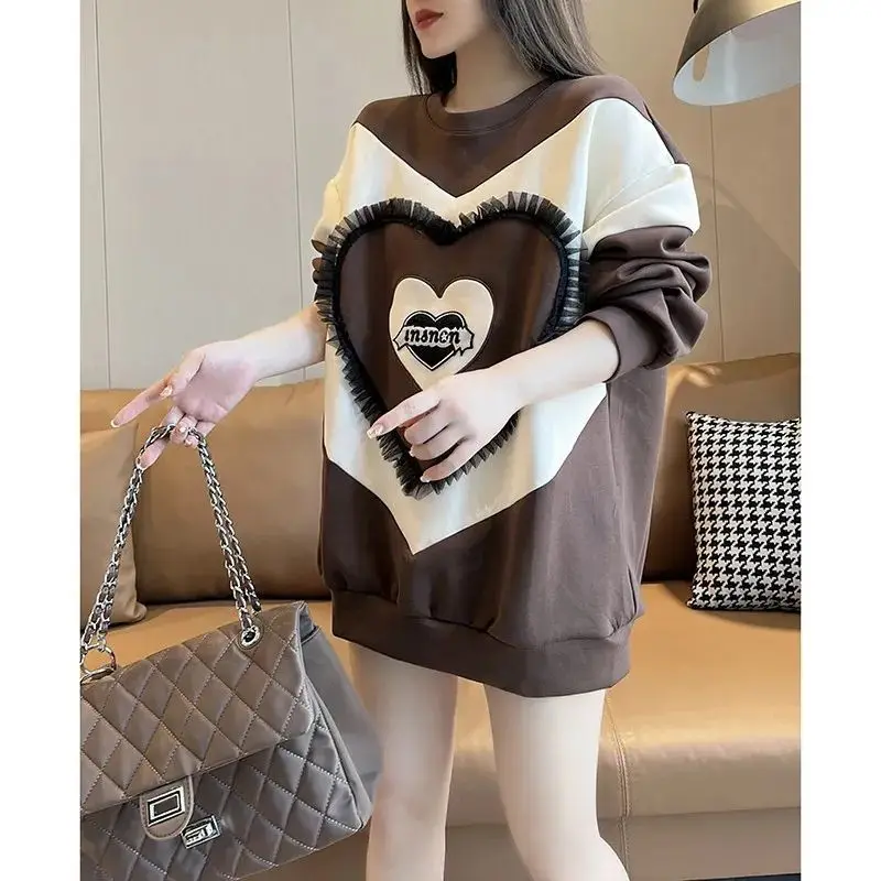 Women's Round Neck Patchwork Gauze Love Contrast Color Midi Hoodies 2023 Autumn Winter Fashion Long Sleeve Pullover Casual Tops