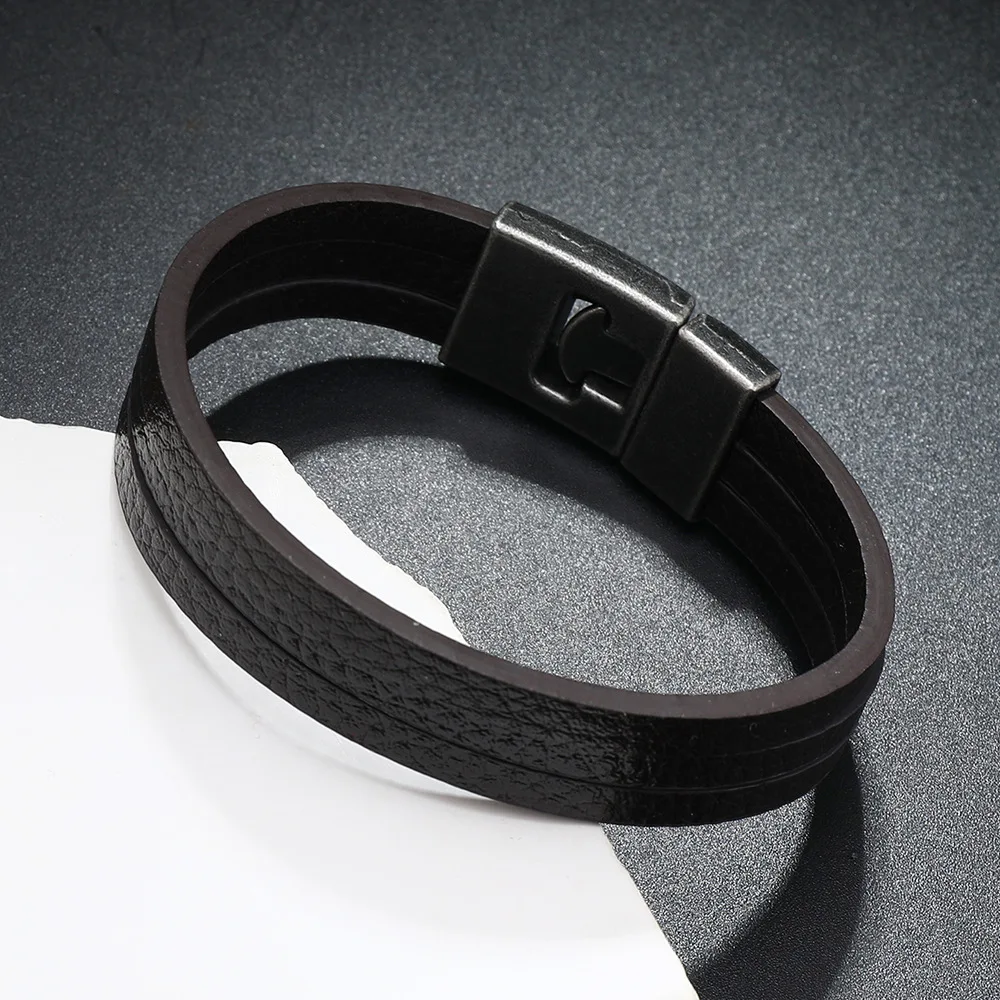 Leather Men Bracelet 3 Layers Hiphop Rock Style