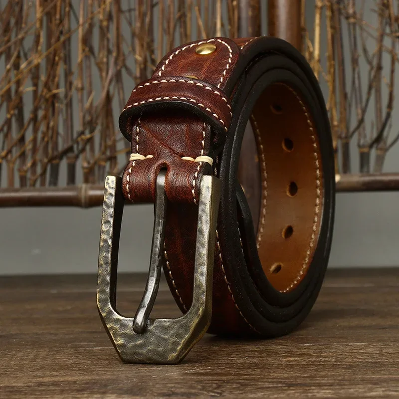 3.8CM Thick Cowhide Copper Buckle Genuine Leather Casual Jeans Belt Men High Quality Retro Luxury Male Strap Waistband Designer