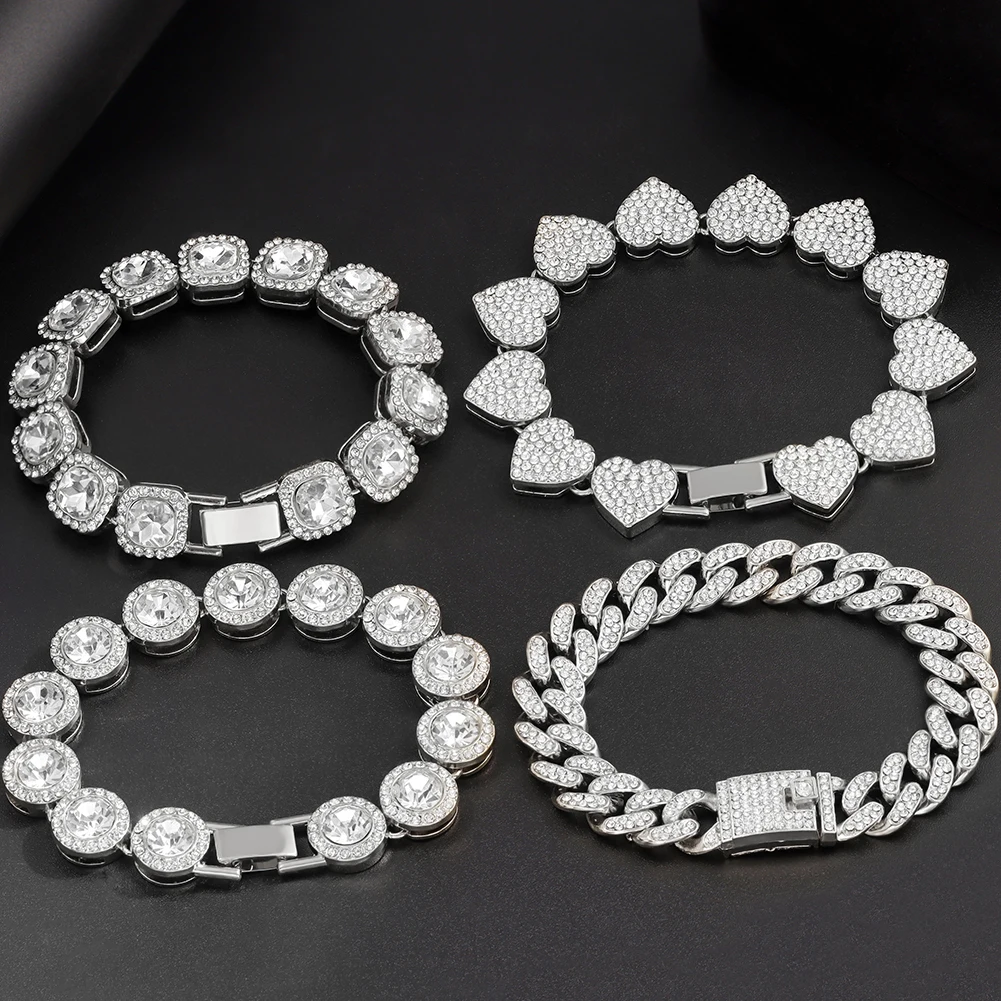 7/8inch Rhinestone Paved Cuban Chain Bracelets for Women
