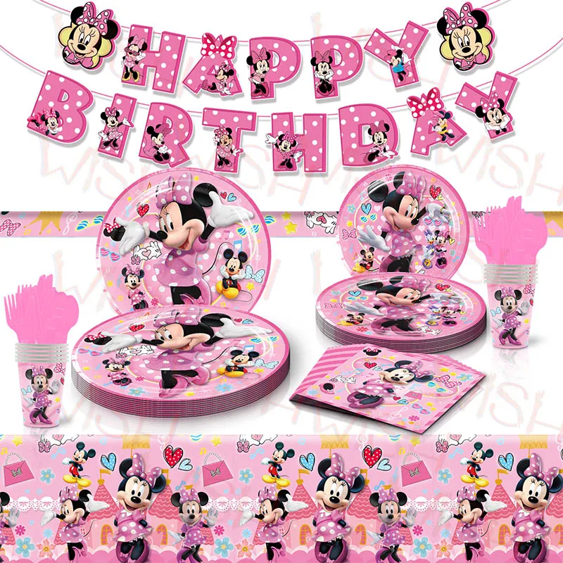 

Disney Minnie Disposable Tableware Girl Birthday Party Supplies Balloon Plate Cup Napkin Cake Tablecloth Kid Baby Shower Decor