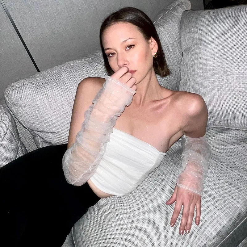 

Женский сетчатый Топ без бретелек Boutique, блестящий топ с открытыми плечами и длинным рукавом, пикантные топы с открытой спиной для весны и лета