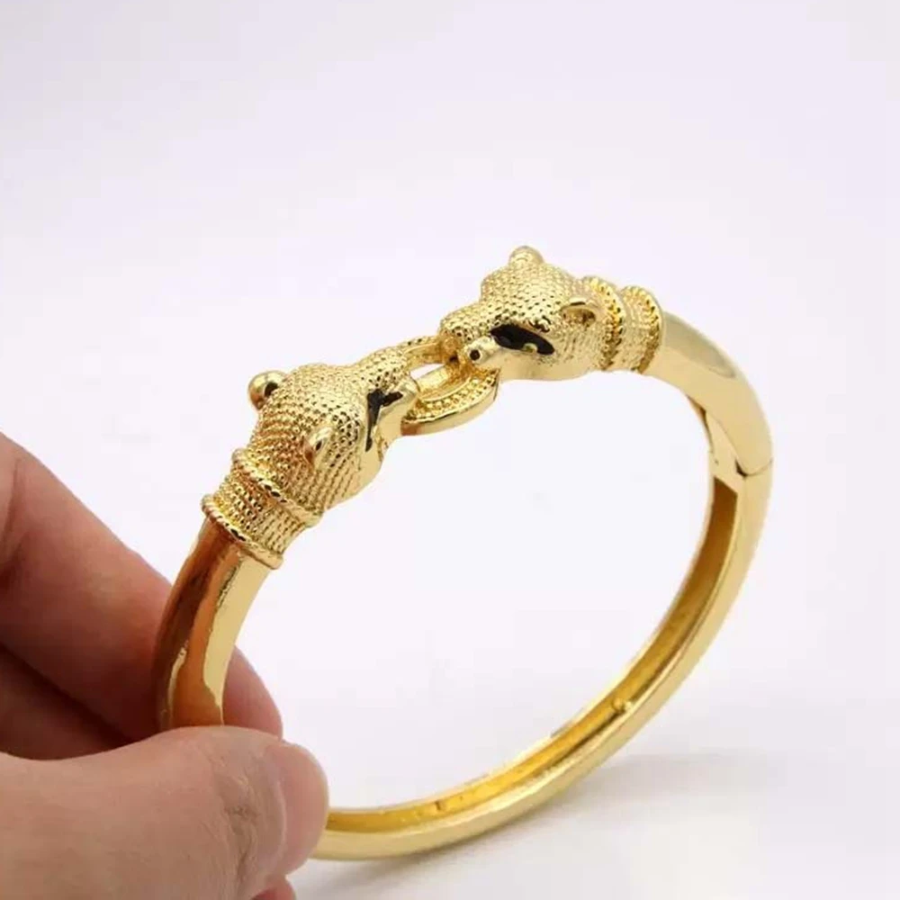 

leopard Head Women Men Bangle Bracelet Solid 18k Yellow Gold Filled Openable Fashion Jewelry Gift Dia 60mm