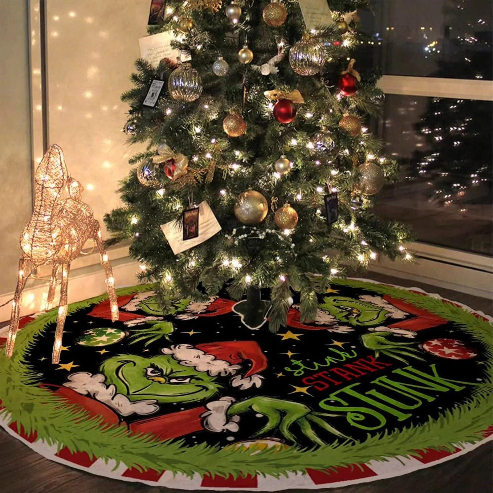 G-rinch Large Christmas Tree Skirt  Red & Green Merry Christmas Tree Skirt Collar, Soft  Xmas Holiday Decoration Happy New Year