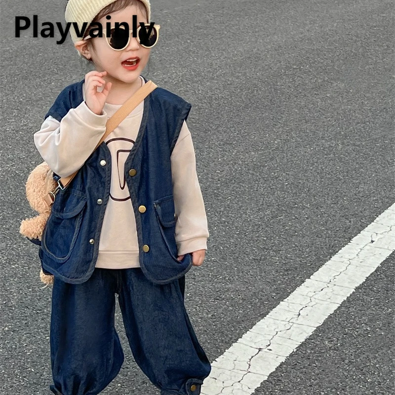 

New Spring Autumn Kids Girl Sets Solid Color Sleeveless Round Collar Denim Waistcoat Wide Leg Casual Loose Cowboy Pants H3280