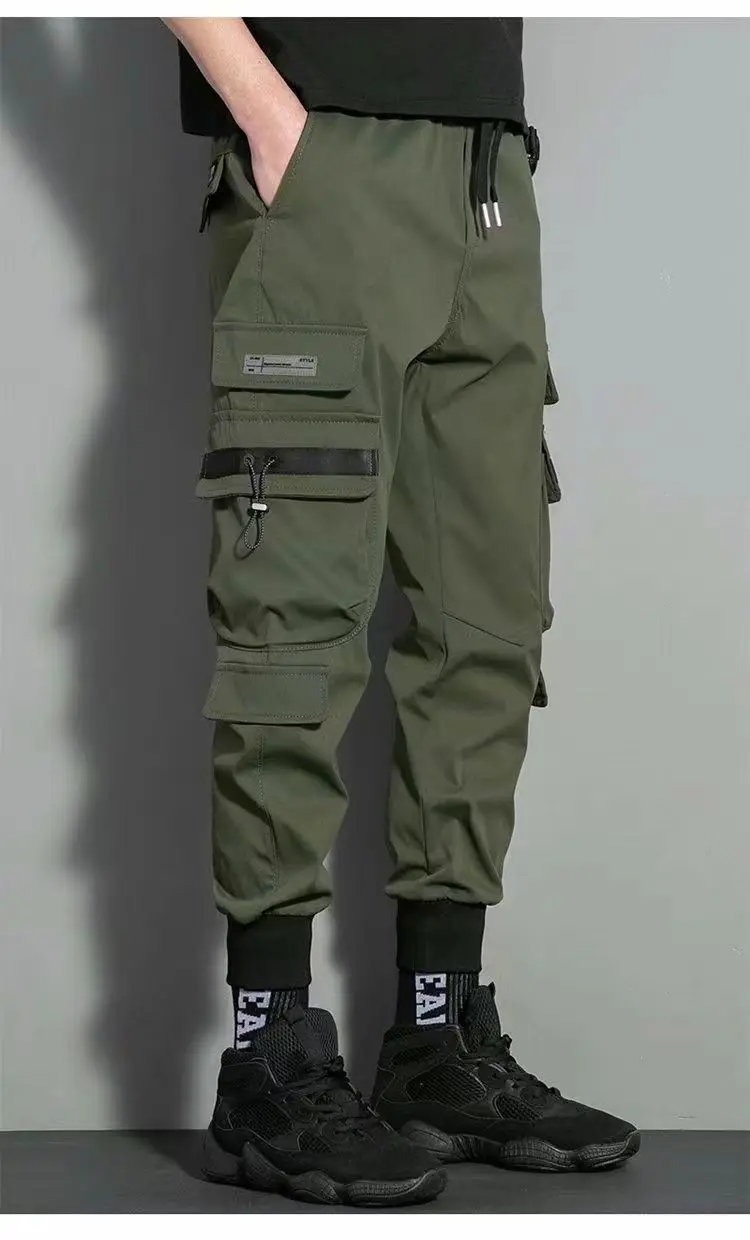 Thin Streetwear Casual Pants Men Ribbons Harem Jogging Pants Male Slim Fit Spring Cargo Pants Multi-Pockets Women Trouser J9 4