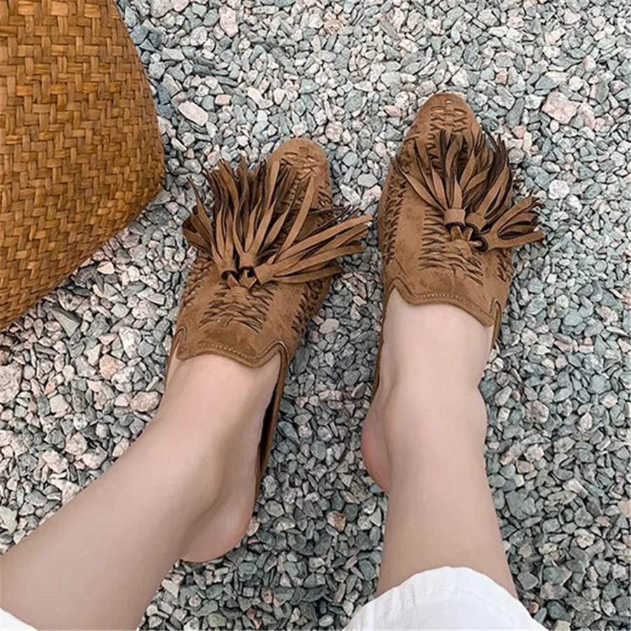 

Suede Slippers Women Fringed Flat Mules Hollow Out Tassels Ladies Beach Shoes Handmade Luxury Gladiator Sandals Summer 2024