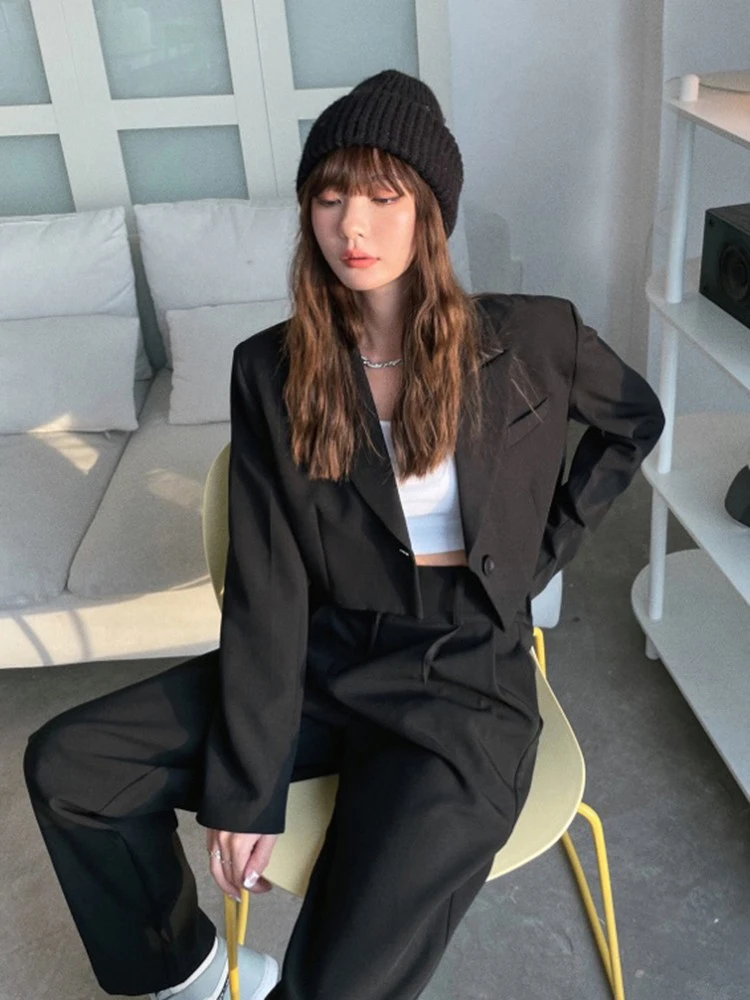 

Insozkdg Short Suit Jacket Women's Spring Autumn Niche Black Blazer Coats + High-end Temperament Trousers High Street 2pcs Sets