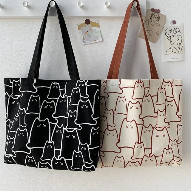 Canvas Bags Handbag for Women Shopper Cute Cat Tote Bag with Zipper Designer Bag Japanese Style Cartoon Small Shoulder Bags 2