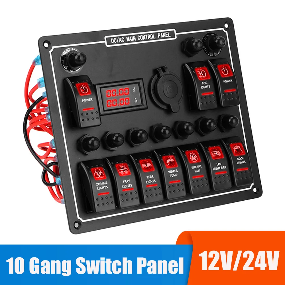 Riloer 6 Gang Combination Switch Panel, 12V/24V Marine Boat Car RV Dual USB Toggle Rocker Circuit Breakers Overload Protection with LED Light, with Voltmeter