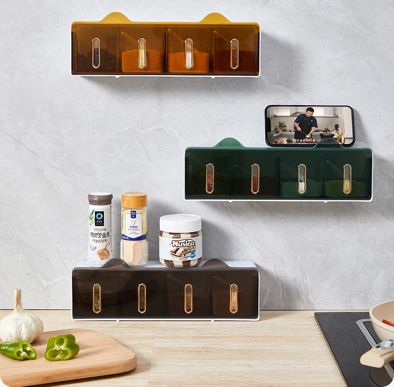 Wall Mounted Spice Container Stackable Drawer 4 Condiment Box Salt Pepper Storage Hodler Kitchen Organizer With Hooks