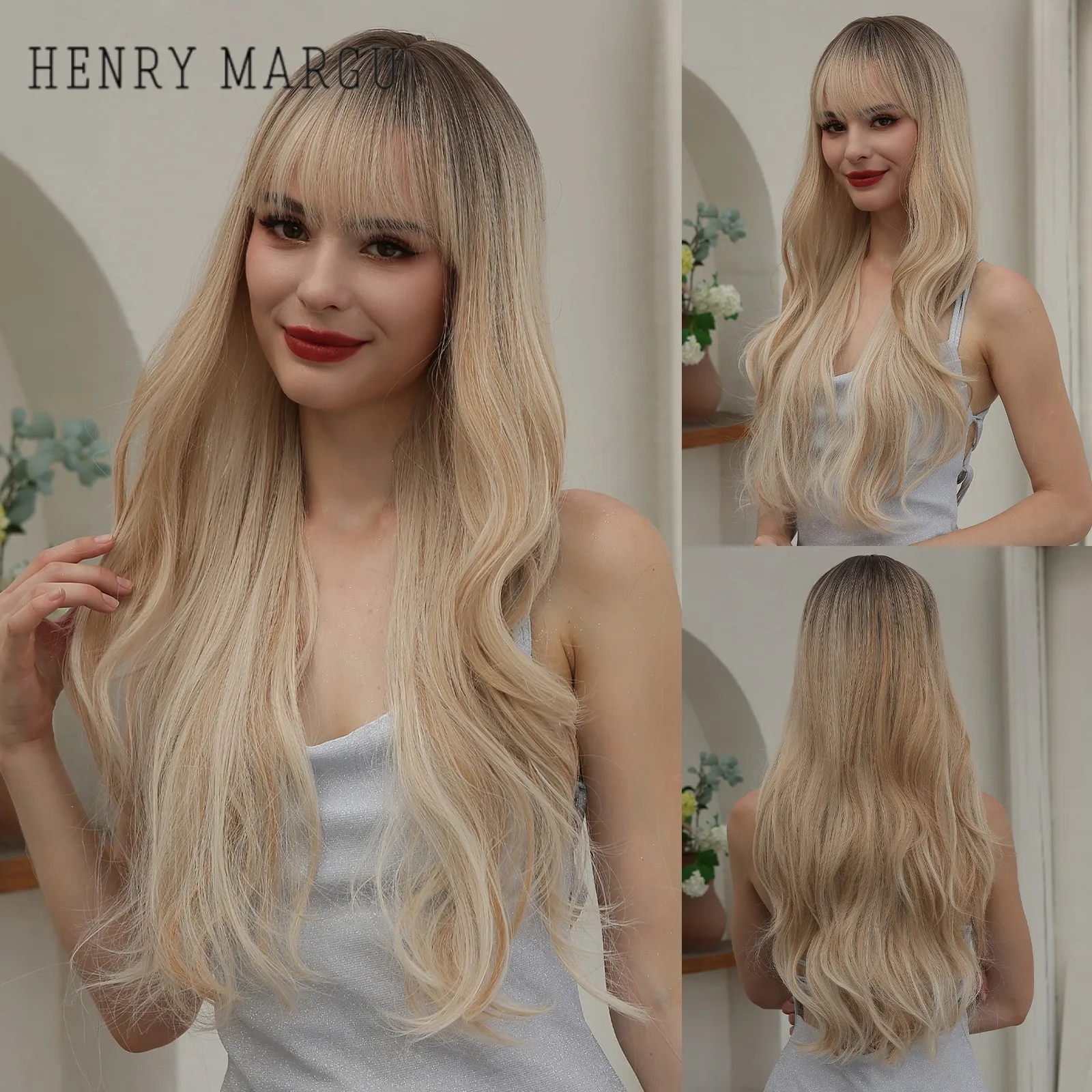 

HENRY MARGU Long Blonde Ombre Synthetic Wigs with Bangs Natural Wavy Hairstyle for Women Cosplay Party Heat Resistant Fiber Wigs