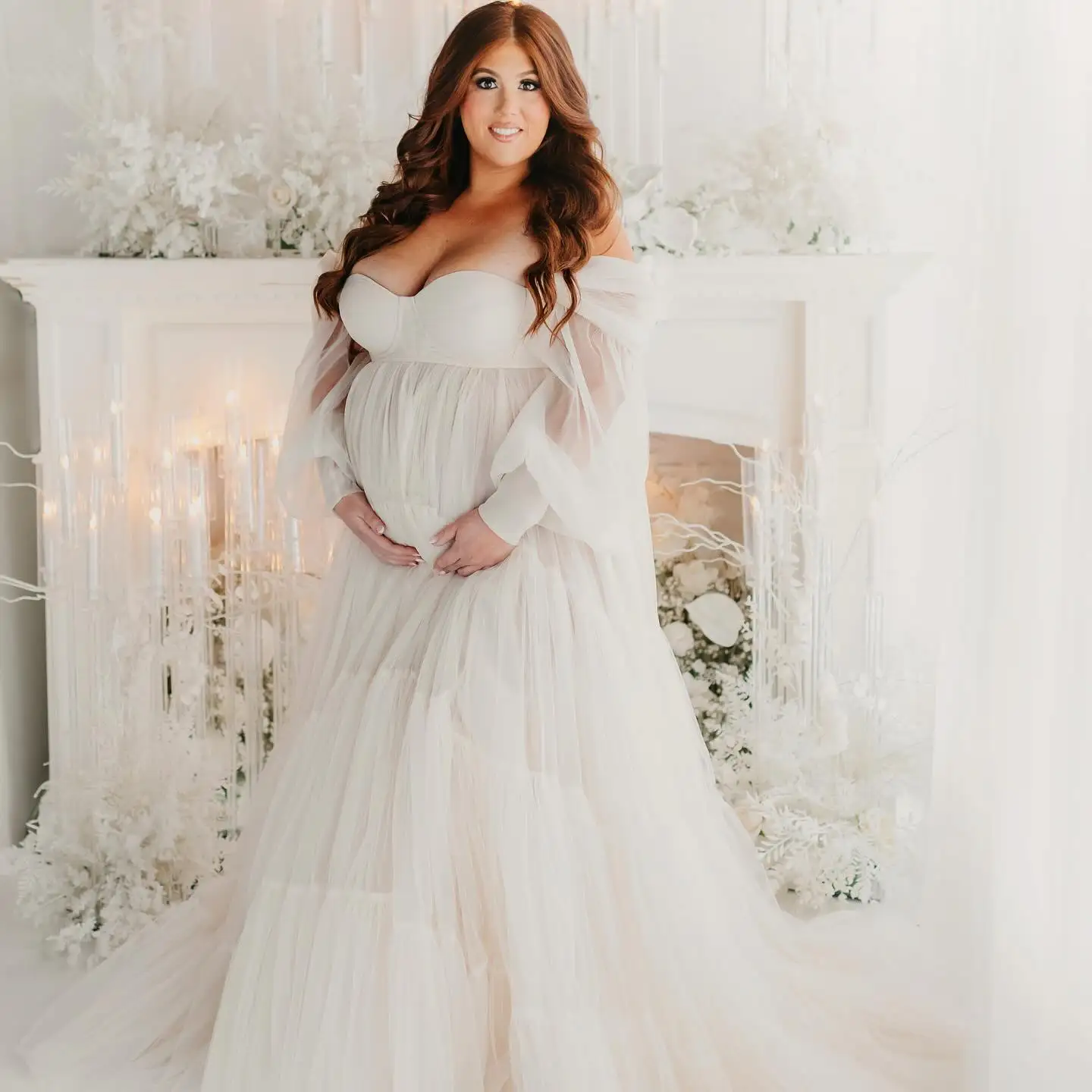 

Modest White Baby Shower Dress for Women Sweetheart Off Shoulder Long Sleeves Maternity Gowns Front Slit Vestidos For Pregnancy