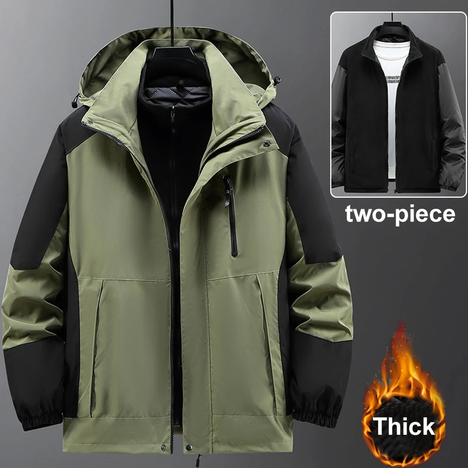 Two-piece Waterproof Trench Jacket Men Winter Thick Windbreak Jackets Plus Size 11XL Fashion Casual Cargo Camping Jacket Male 2