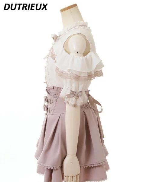 Japanese Mass-Produced Mine Chiffon Blouse Women Sweet Girl Lolita Tops Off Shoulder Lace Ruffle Sleeve Bow Short Sleeve Shirt