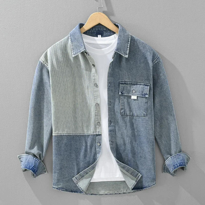 Men's Denim Color Blocking Striped Shirt Casual Loose Fit Long Sleeve Spring And Autumn Wardrobe Piece