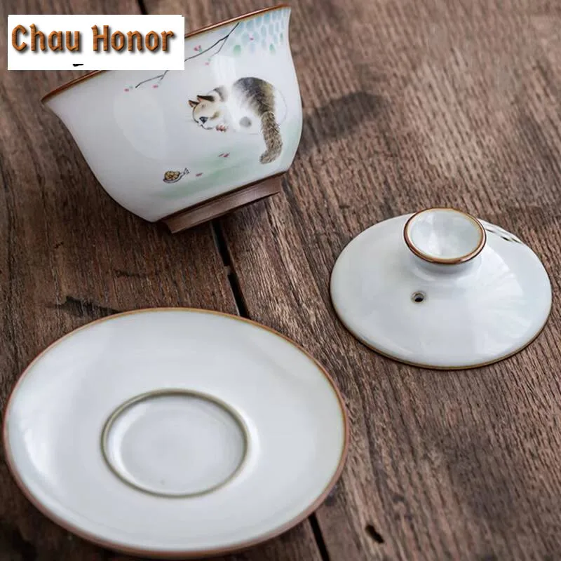 160ml Cute Cat Ru Kiln Porcelain Gaiwan Elegant Tea Tureen Tea Bowl with Lid Kit Tea Maker Cover Bowl Kung Fu Tea Set Ornaments