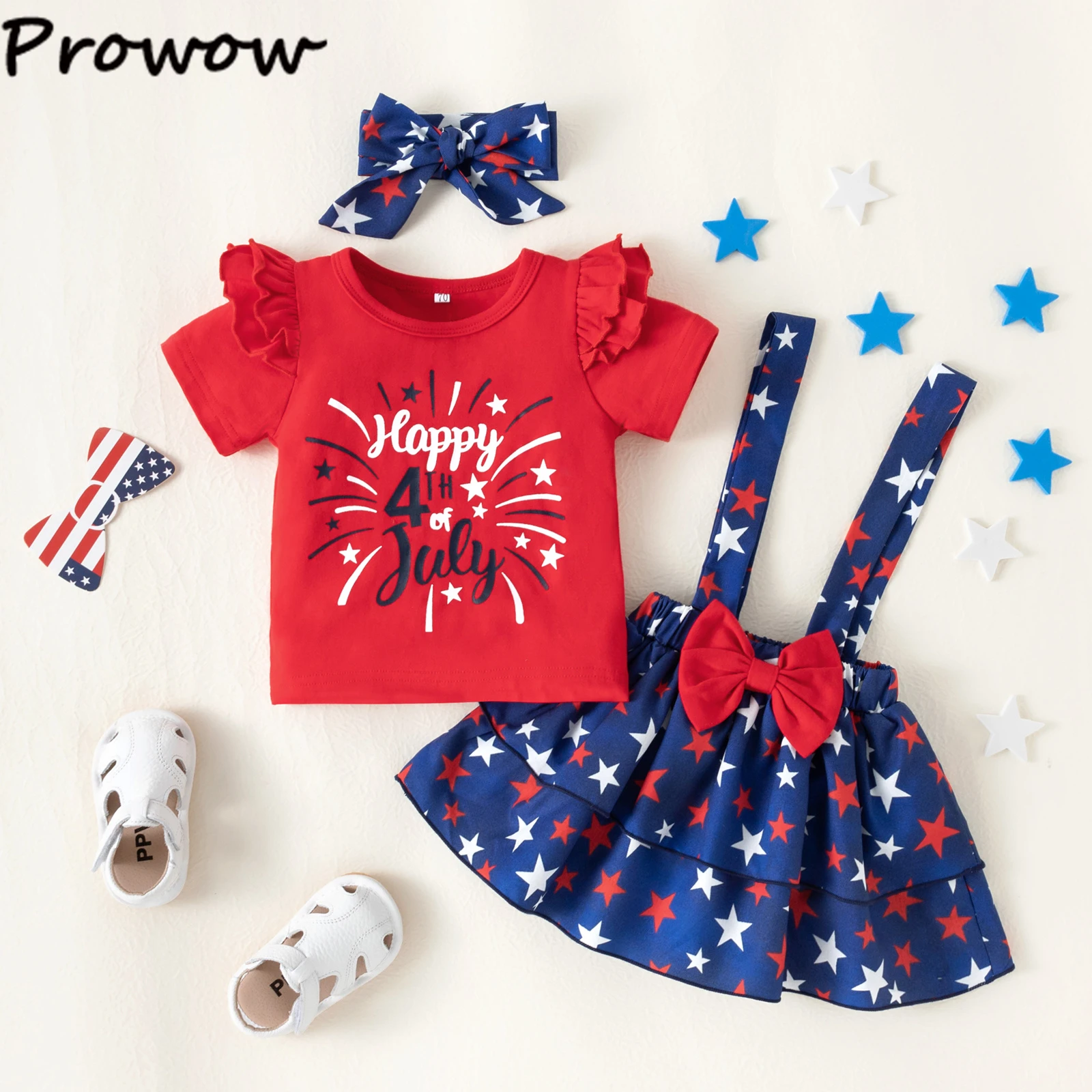 Prowow 0-18M My First 4th Of July Dress Girls Red T-shirts Stars Skirts Suit Independence Day Outfits Baby Dress Set baby floral clothing set
