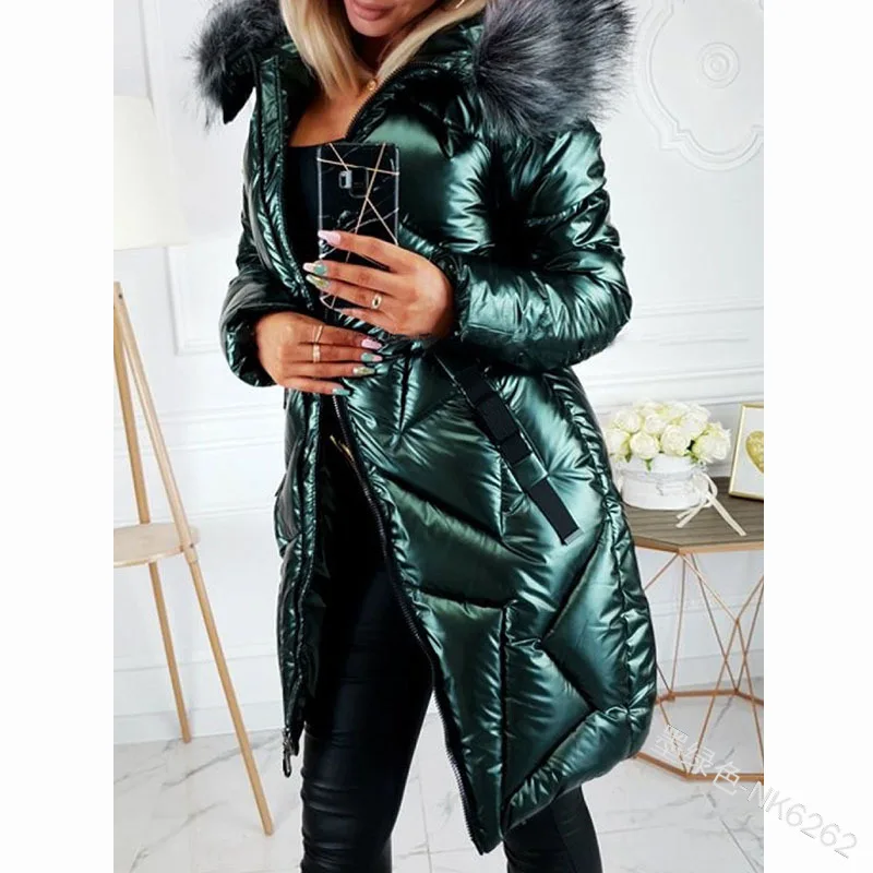 

Women Faux Fur Hooded Jacket Fur Collar Cotton Down Puffer Parka Winter Long Coat Warm Thick Overcoat Outwear