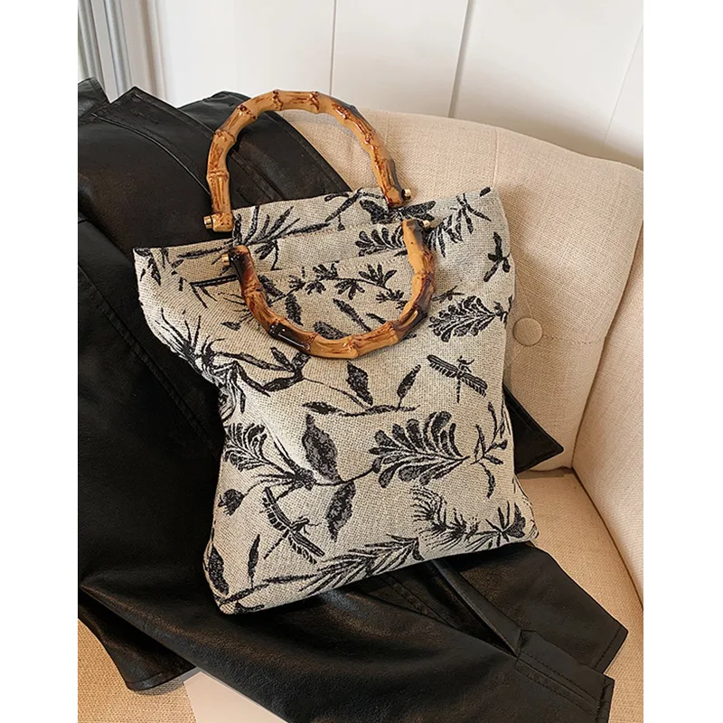 Chinese Style Vintage Flower Pattern Handbag Fashion Trend Bamboo Handle Tote Bag Women's Cheongsam Han Chinese Clothing Bag