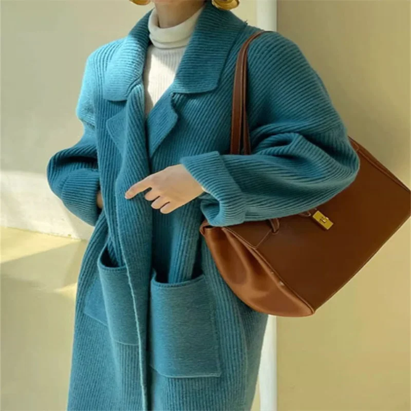 

Retro Lazy Style Mid Length Knitted Cardigan Jacket Women Autumn Winter Loose Fitting High-End Sweater Outerwear Winter C50