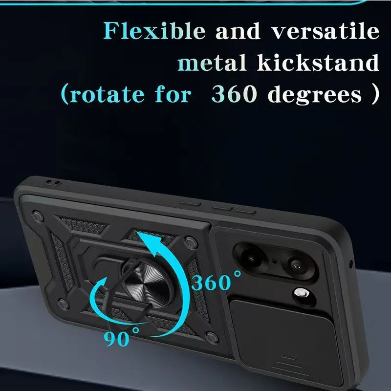 Slide Lens Cover with Magnetic Ring Stand Holder - Shockproof Armor Protection Phone Case