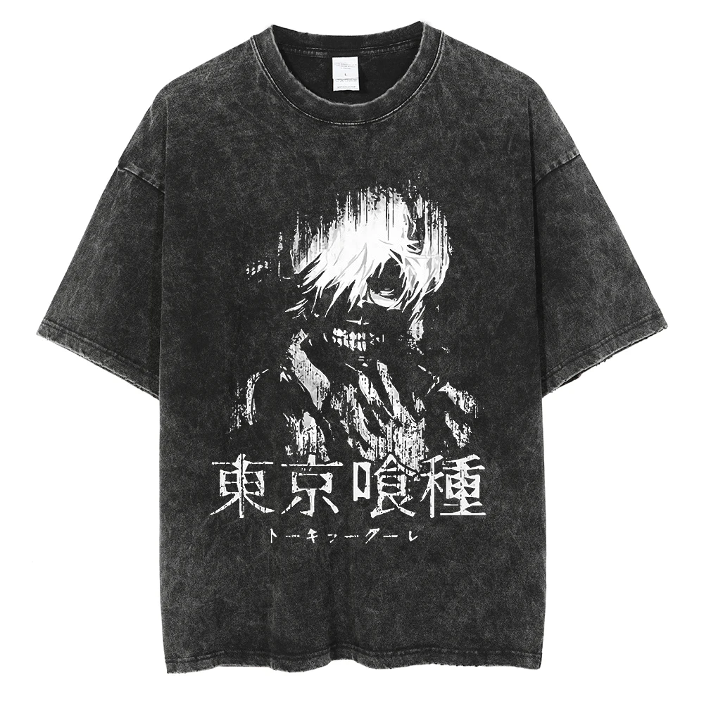 Men Washed T Shirt Anime Graphic Tshirt Harajuku Streetwear Cotton