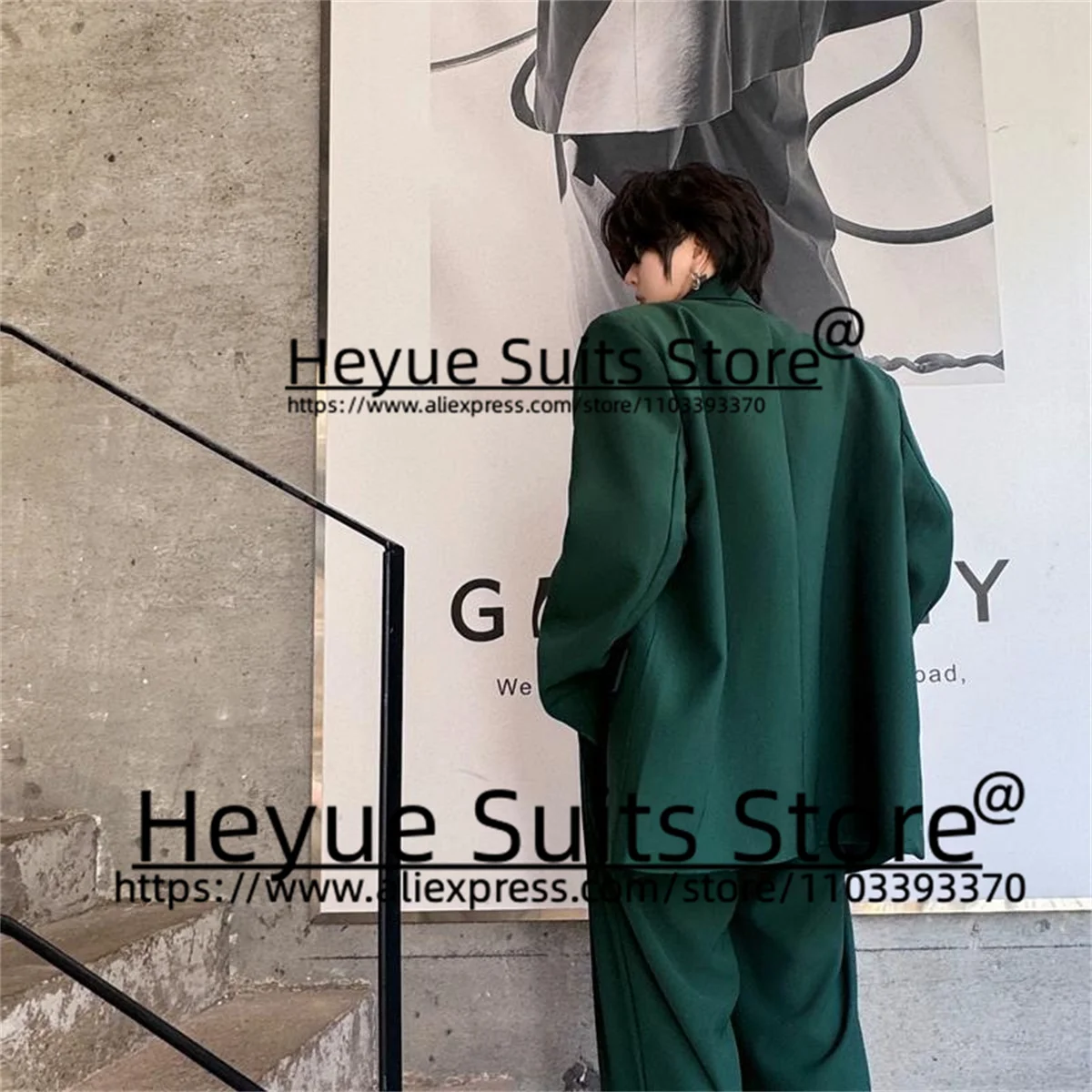 Korean Fashion Green Double-breasted Men Suits Slim Fit Peak Lapel Groom Proom Tuxedos 2Pcs Sets loose Male Blazer Costume Homme